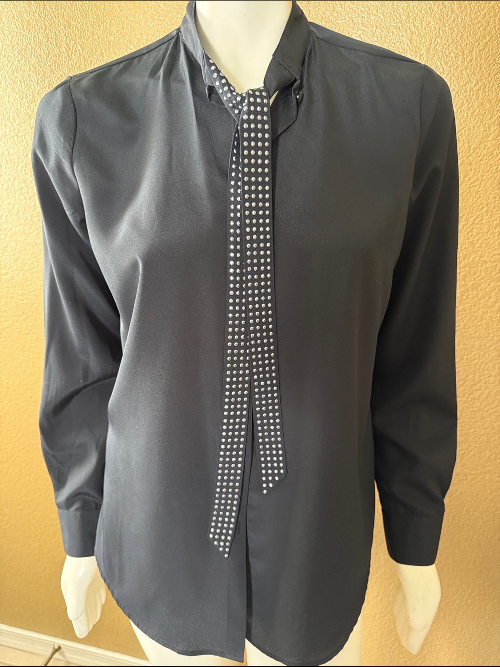 Y2K Rock & Republic Black Long Sleeve Studded Tie-Neck Blouse